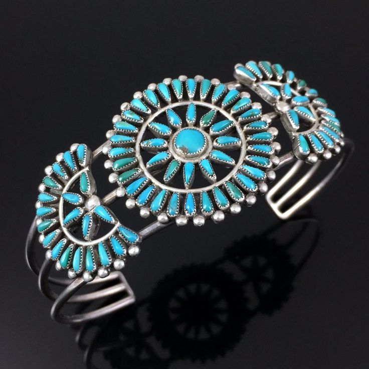 ZUNI HANDMADE STERLING SILVER & PETIT POINT TURQUOISE CLUSTE