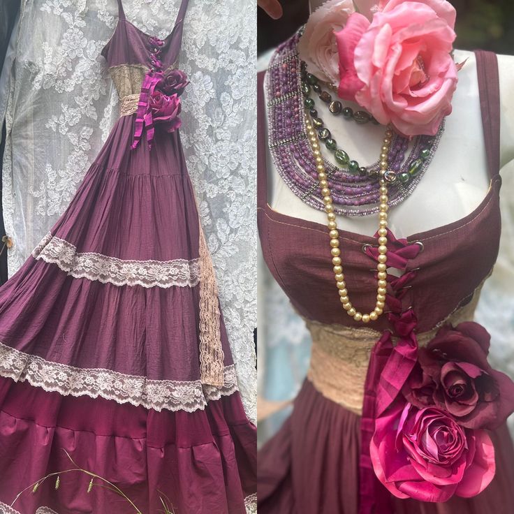 Burgundy cotton maxi  dress maroon purple tiered lace up fes