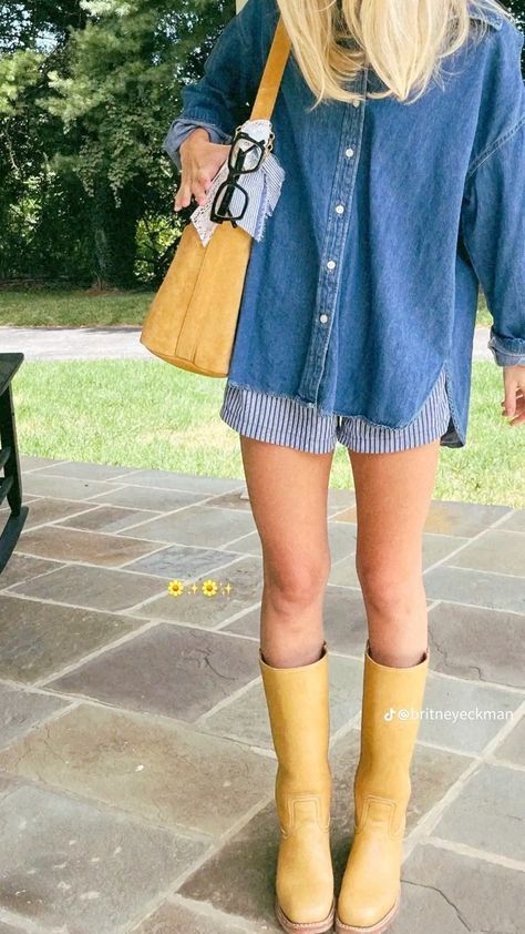 Denim and Frye boots outfit, soft girl rustic style, Nancy M