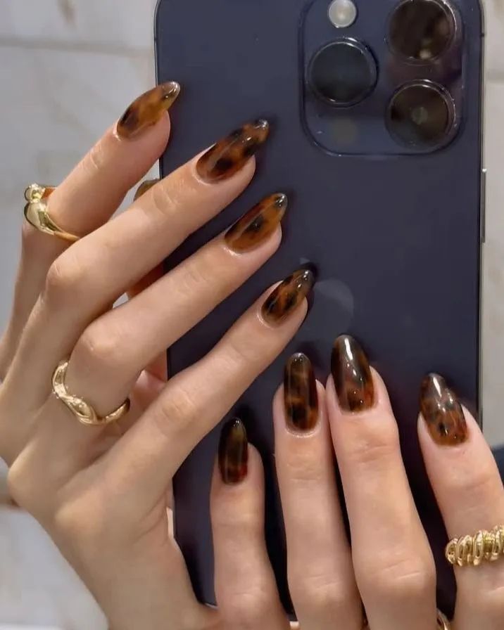 Brown tortoise shell nails fall winter manicure