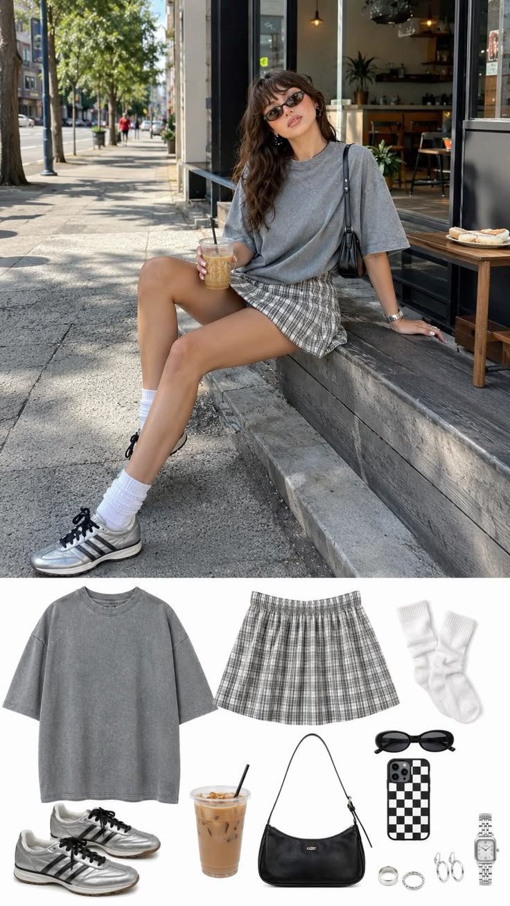 Simple everyday outfit with an oversized gray T-shirt, plaid