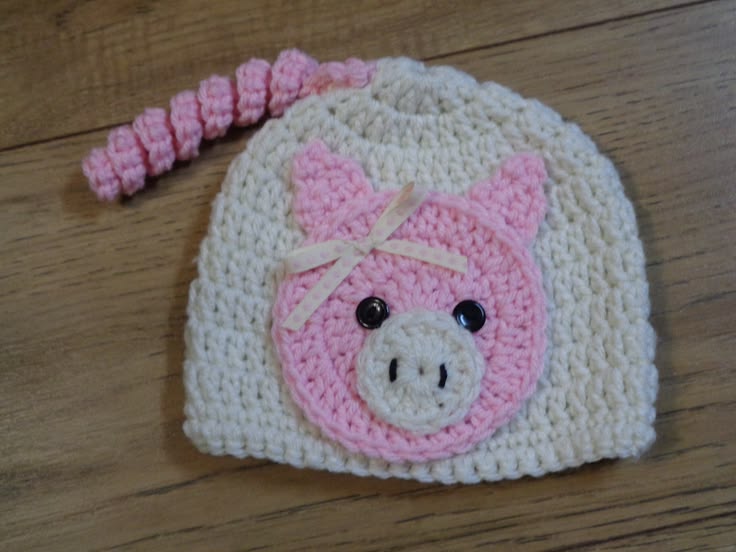 Crocheted Pig Baby Hat: Cream & Pink Farm Animal Costume