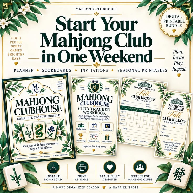 American Mahjong Club Starter Kit Printable Planner Scorecar