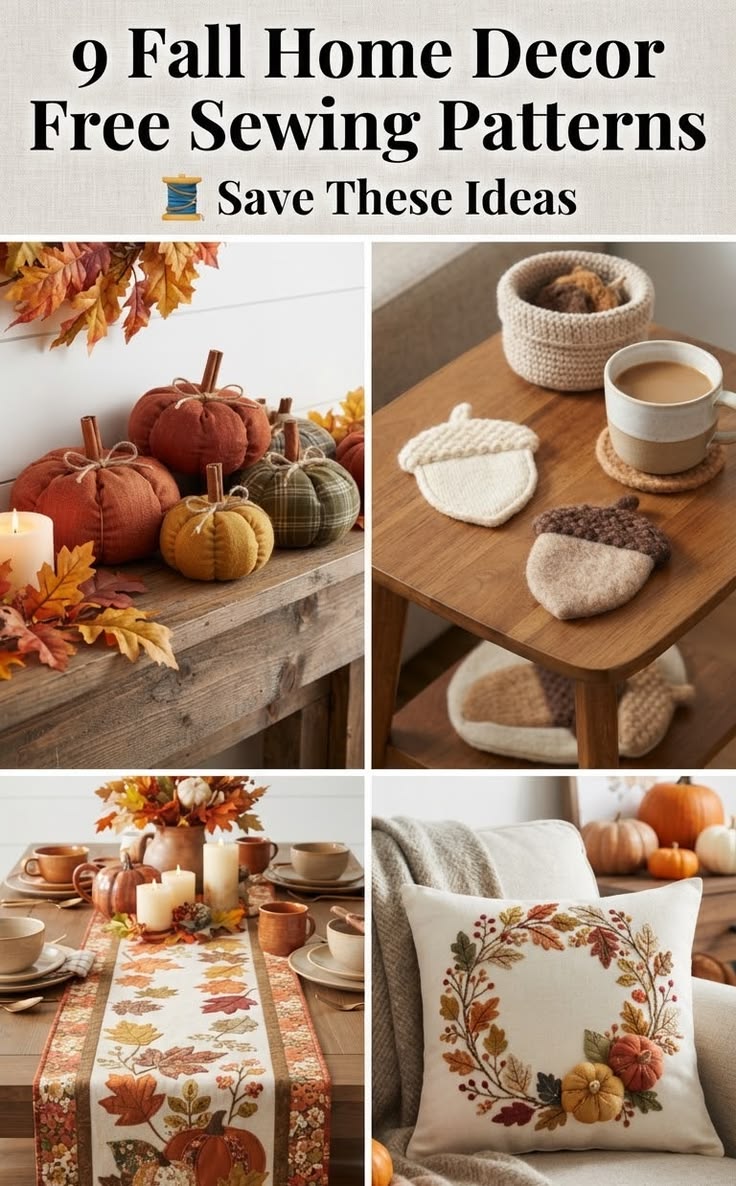 Fall Home Decor Free Sewing Patterns feature pumpkins, acorn
