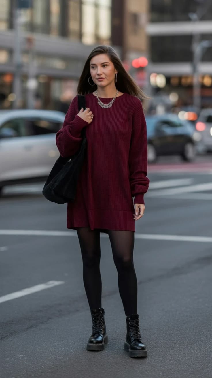 A rich burgundy sweater dress envelops you in warmth and coz
