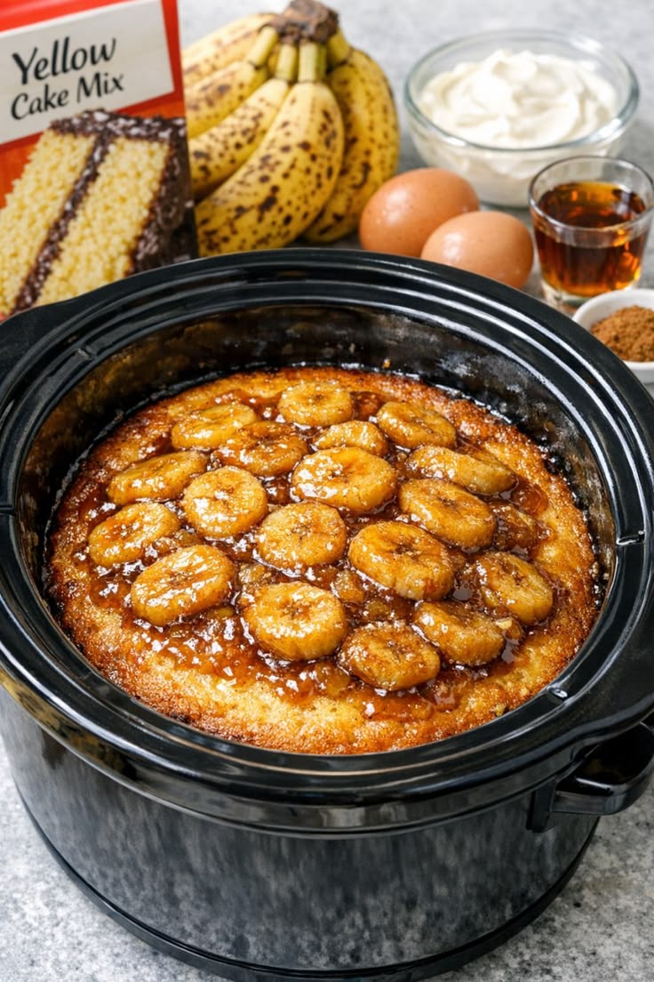 Pour this 1 mixture over sliced bananas into a slow cooker f
