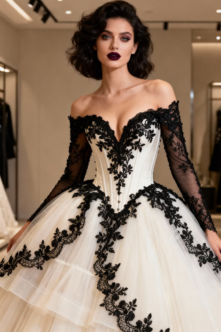 A dramatic non-traditional wedding dress featuring an ivory 
