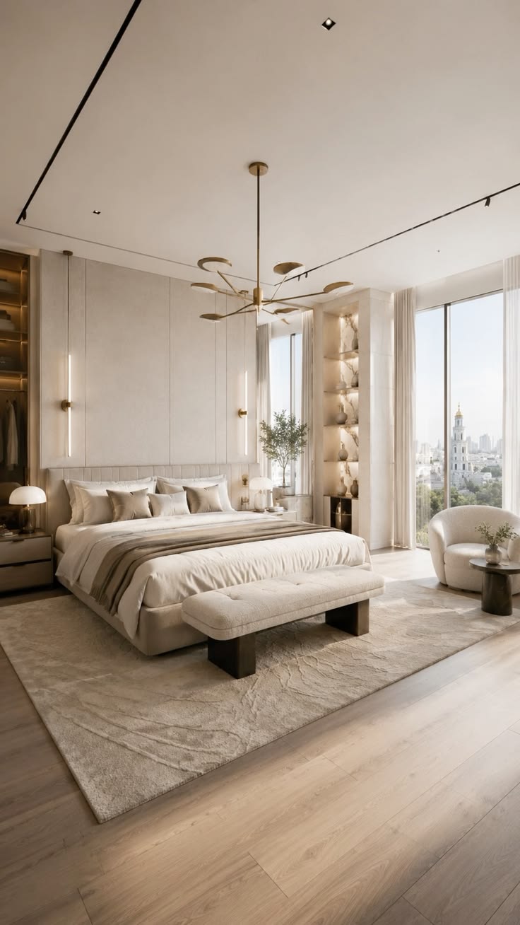 Design a sophisticated bedroom with warm neutrals, soft text