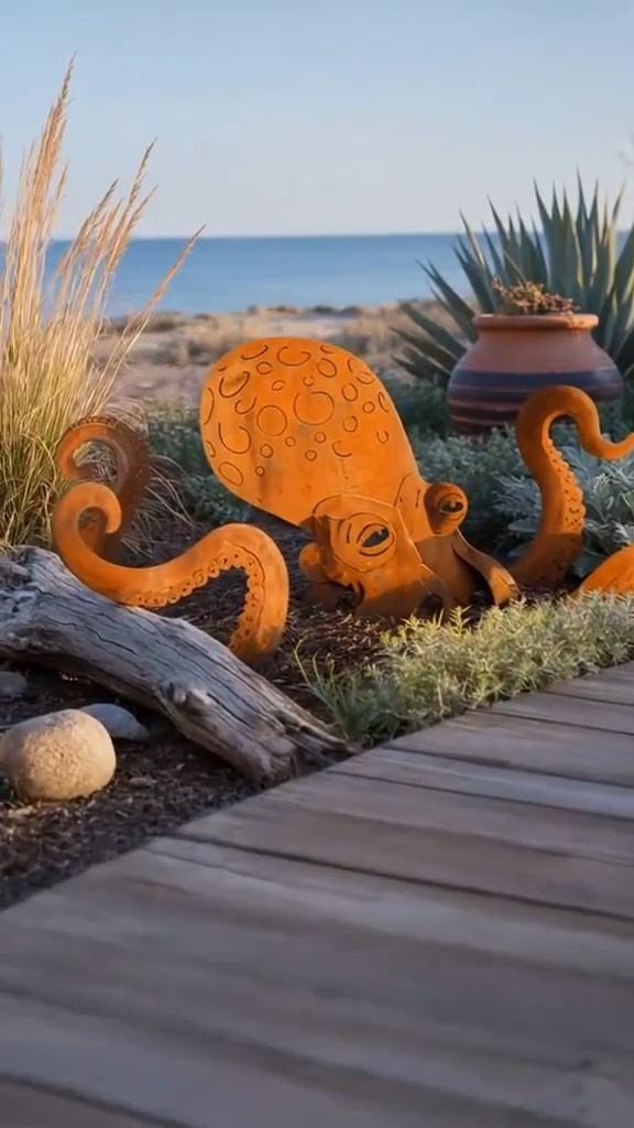 Rust Patina Giant Squid Garden Sculpture