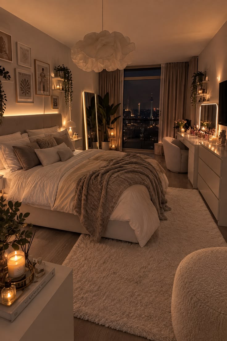 Dreamy, neutral-toned bedroom featuring warm candlelight and