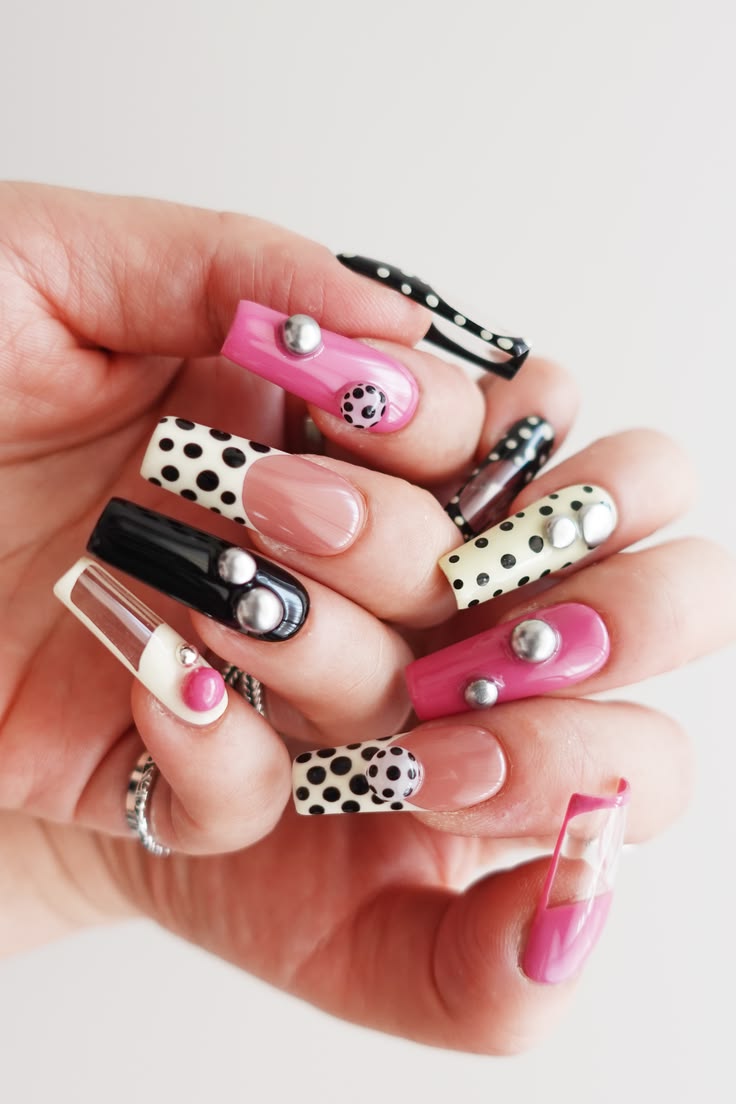 Playful pink press on nails with polka dots, glossy black ac