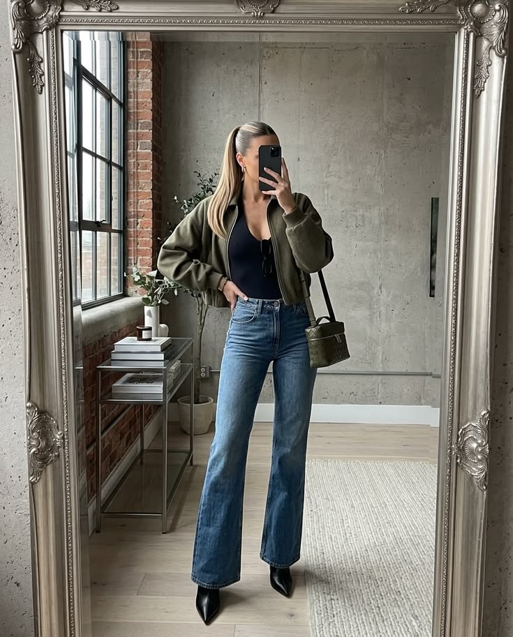 Minimalist fall fashion inspiration featuring an olive green