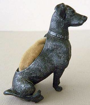 Antique Spelter Dog Pin Cushion.