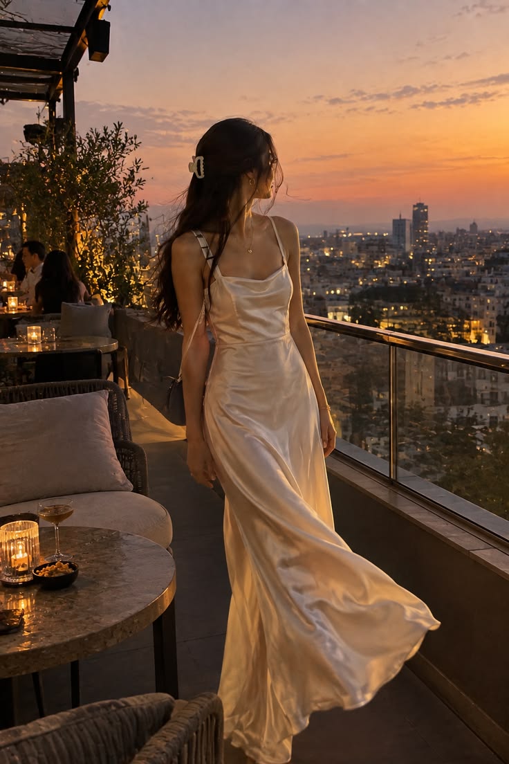 A timeless champagne satin slip dress styled for golden-hour