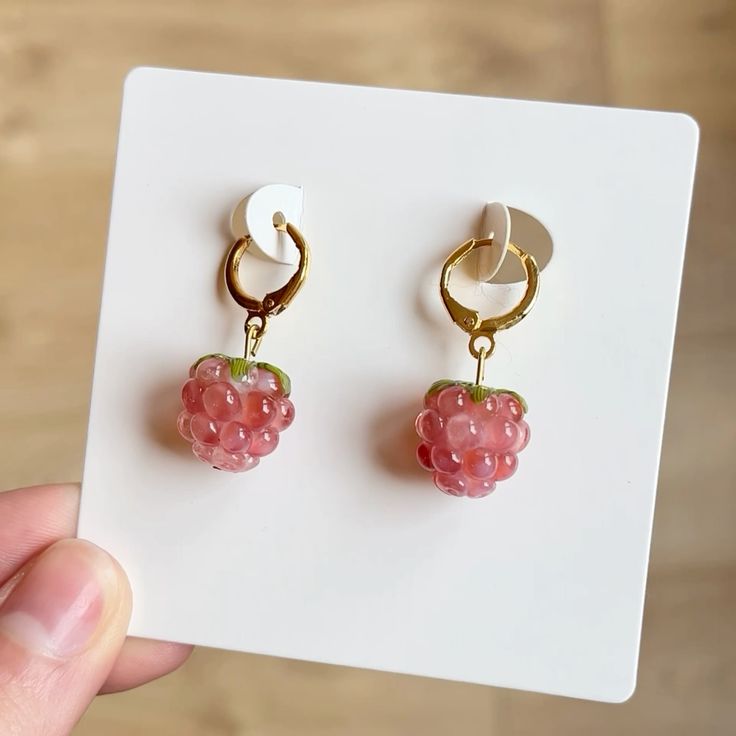 Cute handmade pink raspberry berry earrings with a whimsical