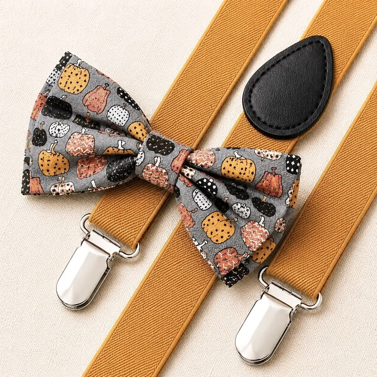Pumpkin bow tie and mustard suspenders for boys, perfect for