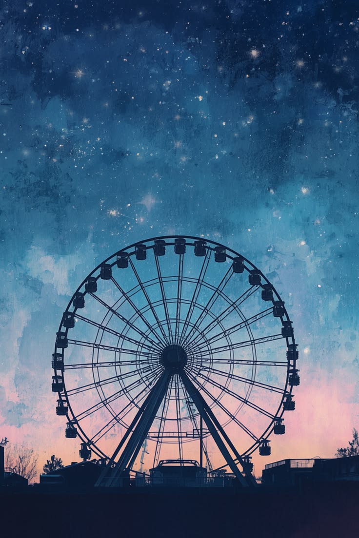 A painterly ferris wheel silhouette set against a glittering