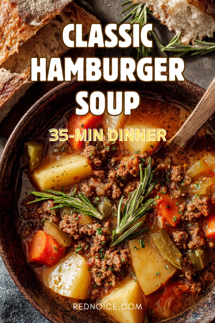 Hearty, veggie-loaded soup with ground beef and potatoes. Ta