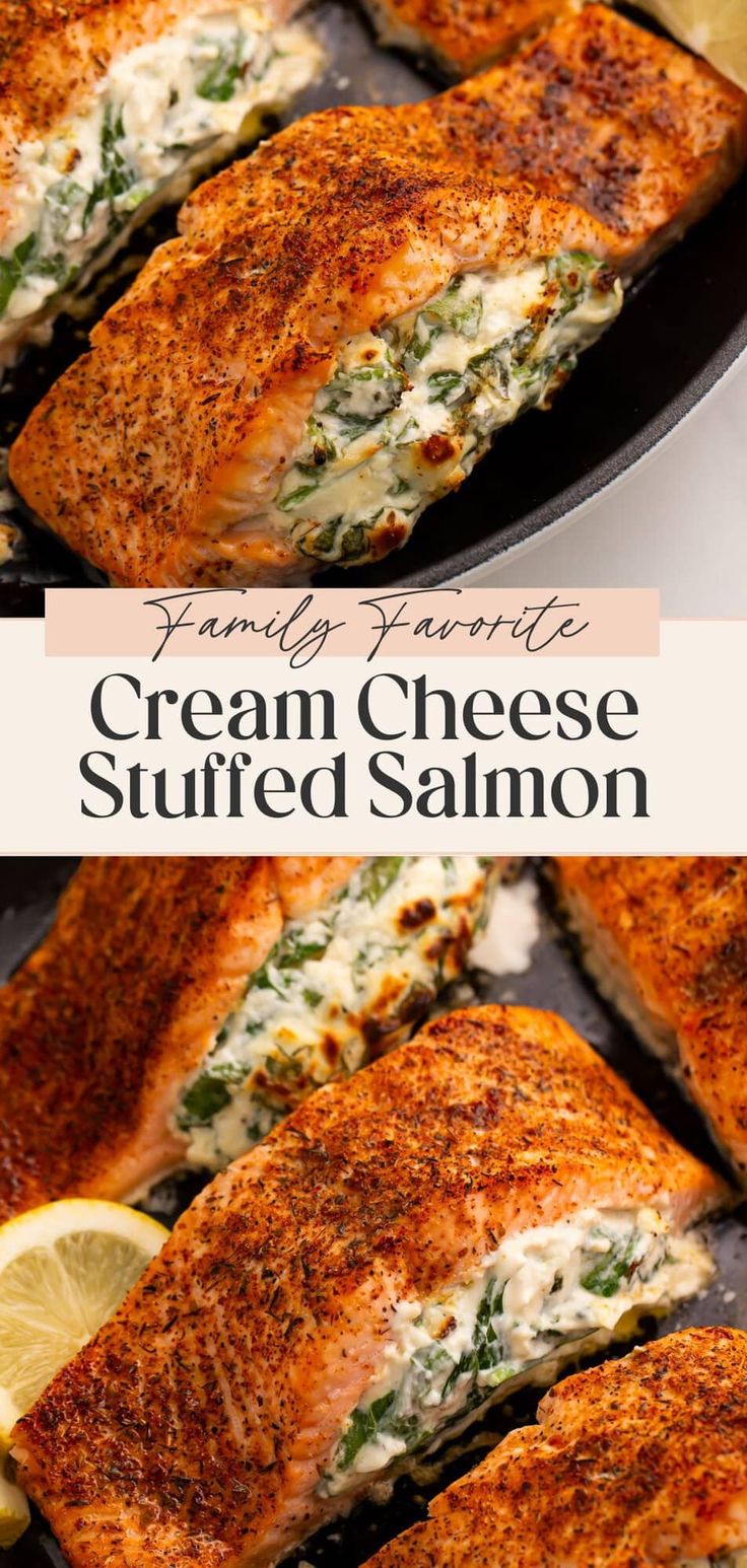 Tender salmon fillets stuffed with creamy spinach, cream che