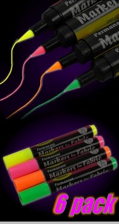 Black Light Reactive Neon Fabric Markers (6 pack)
