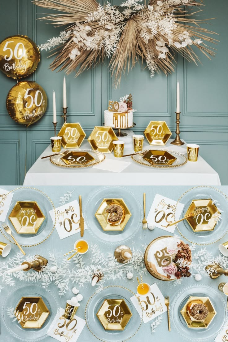 Decoración para fiesta de 50 cumpleaños en dorado: platos, v
