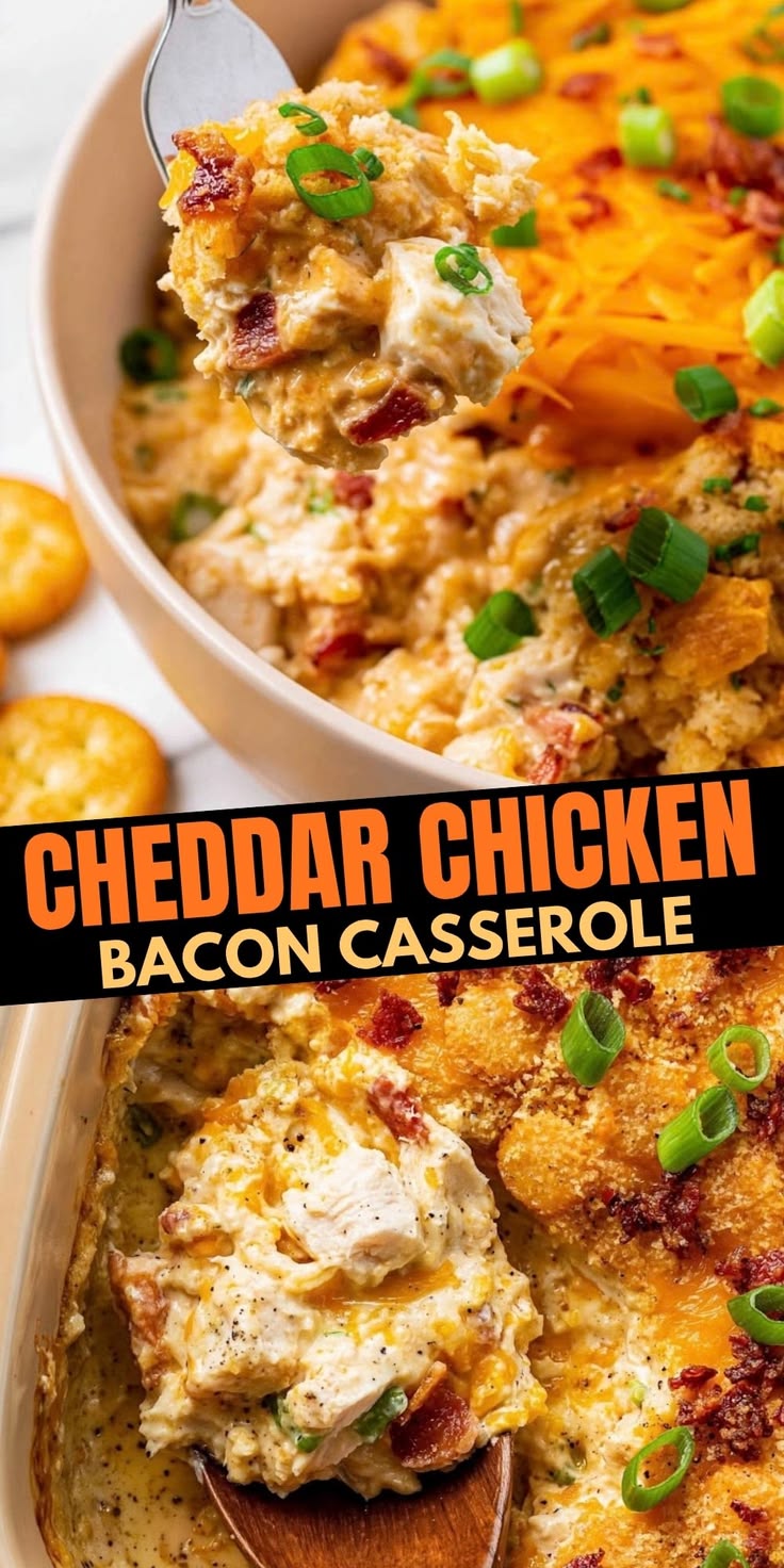 This bacon cheddar chicken casserole is creamy, cheesy, and 