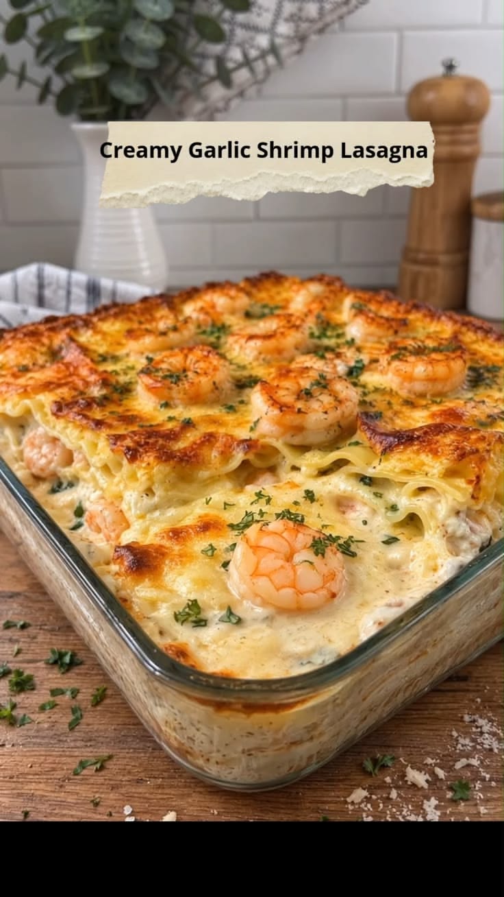 Save this Creamy Garlic Shrimp Lasagna for your next cozy di