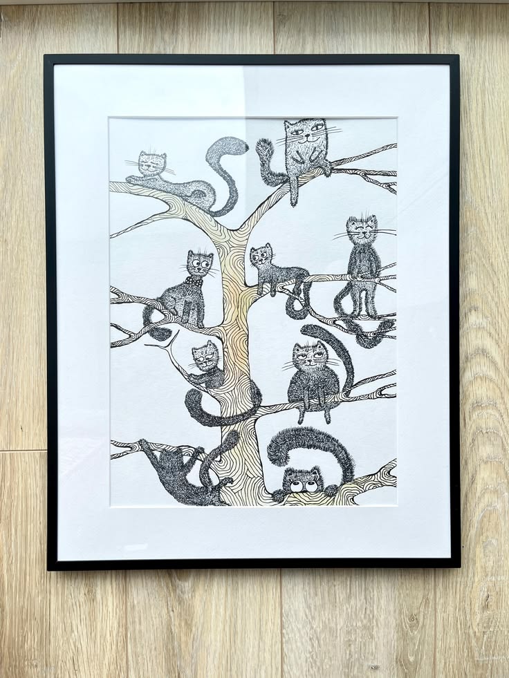 Hand-Painted Cat Painting: Funny Cats in Tree, Nursery Decor