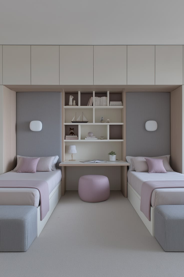 A beautifully balanced shared kids room designed for rest, l