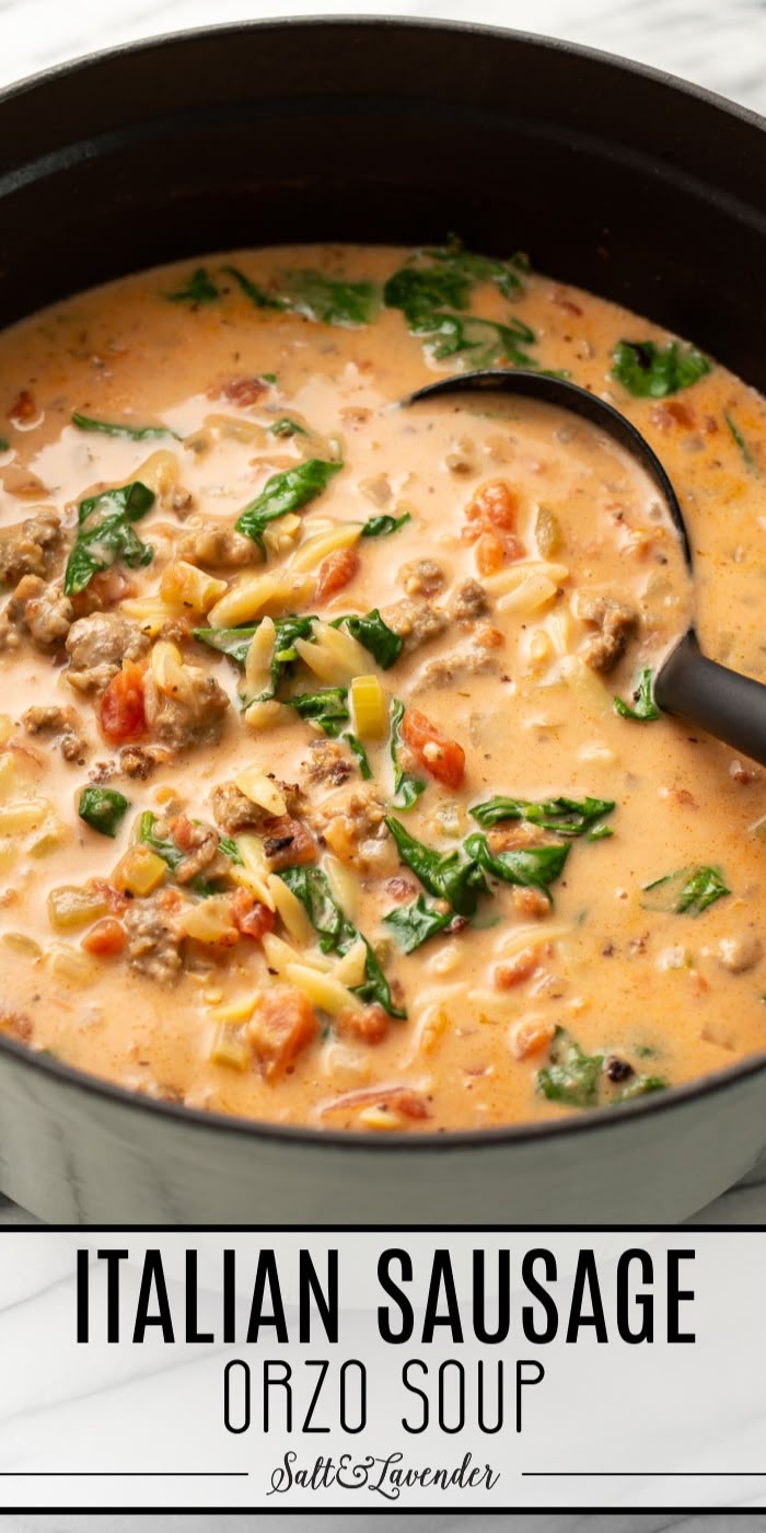 The orzo cooks right in the soup, making cleanup easy in thi