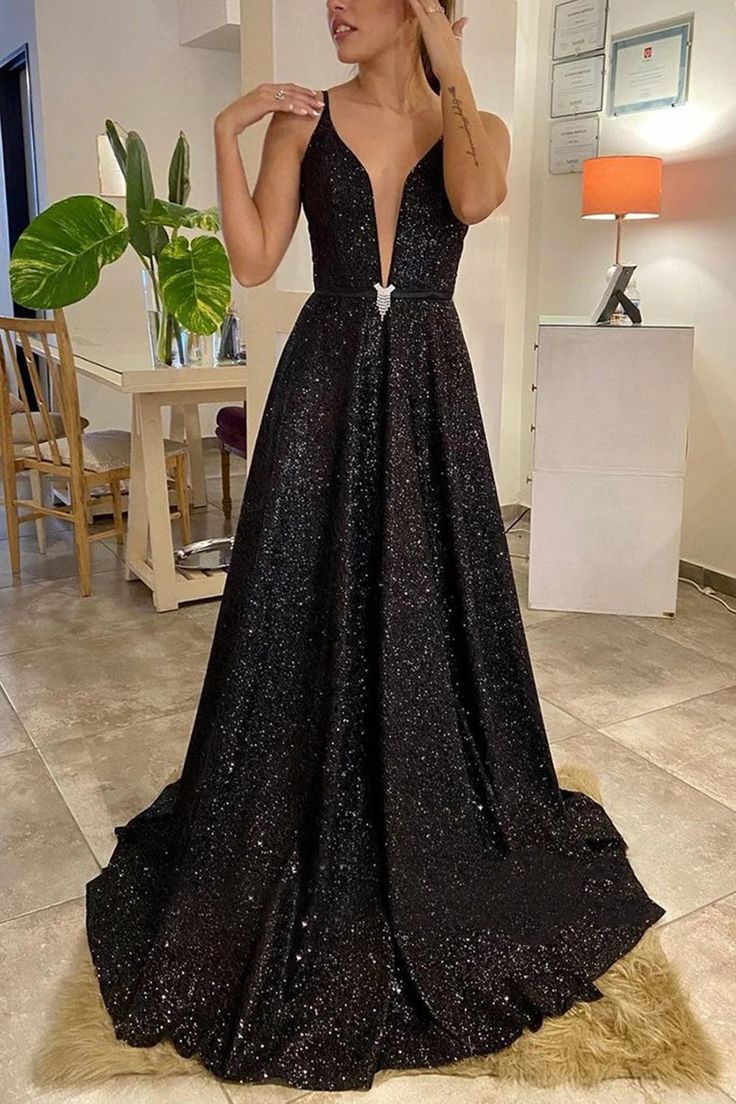 Shiny V Neck Backless Black Long Prom Dresses Sexy Formal Dr