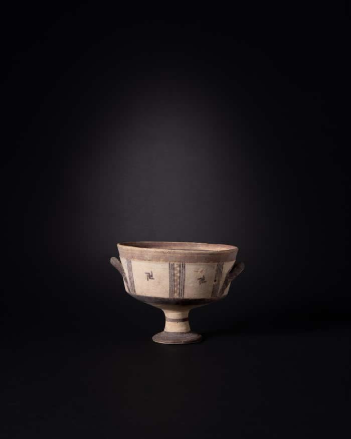 Ancient Cypriot Pedestal Bichrome Pottery Bowl with Geometri
