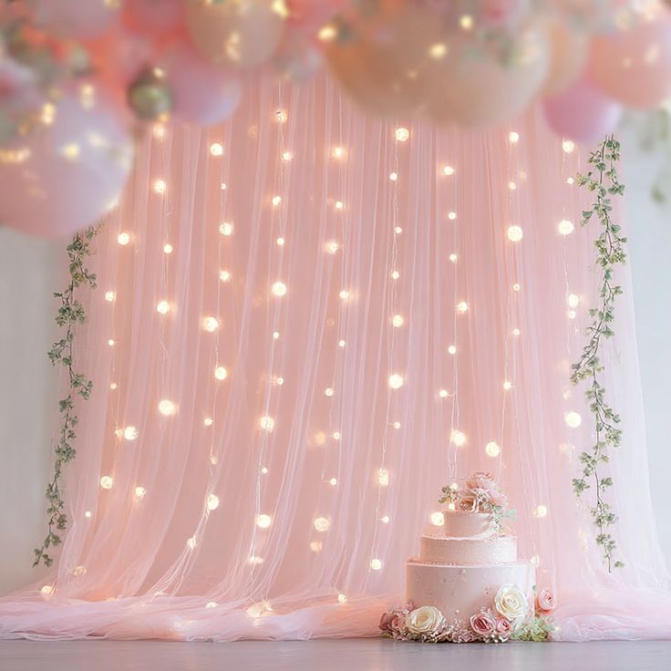 Pink curtain lights add glow and depth to a light pink backd