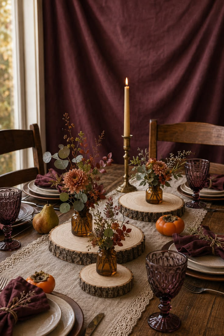 Create a warm fall tablescape with natural bark-edge wood sl
