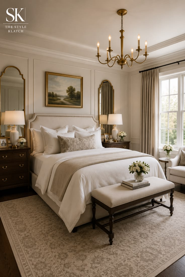 A dreamy master bedroom layered with warm neutrals, rich woo