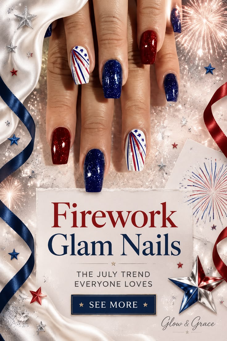 These patriotic press-on nails combine sparkling red and blu
