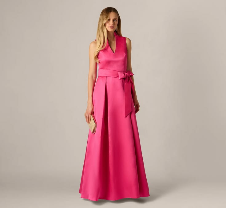 Pink Sleeveless Queen Anne Tie Front Ballgown - Adrianna Pap