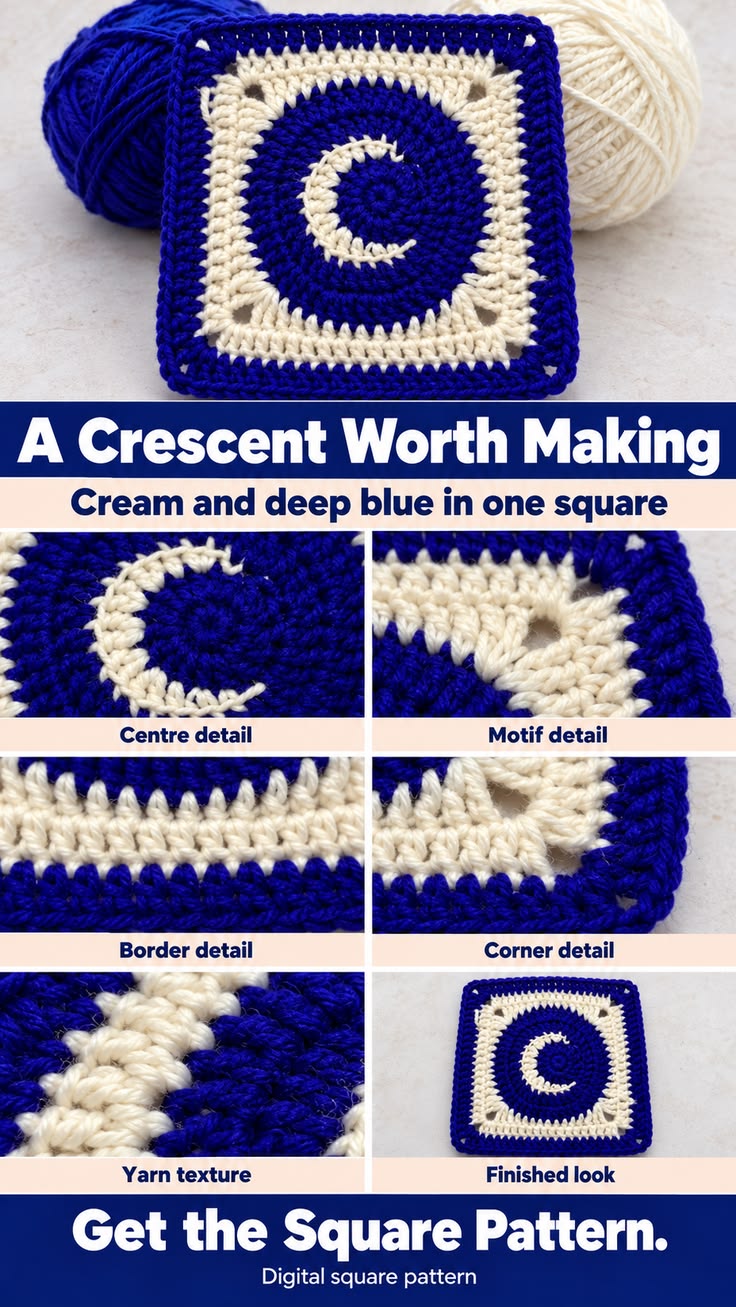 Granny square crochet pattern with a cream crescent, deep-bl