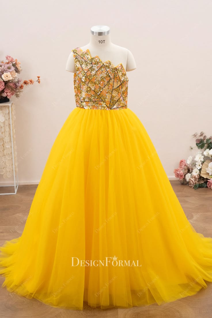 Gold Sequin Cutout Neckline A-Line Kids Pageant Gown