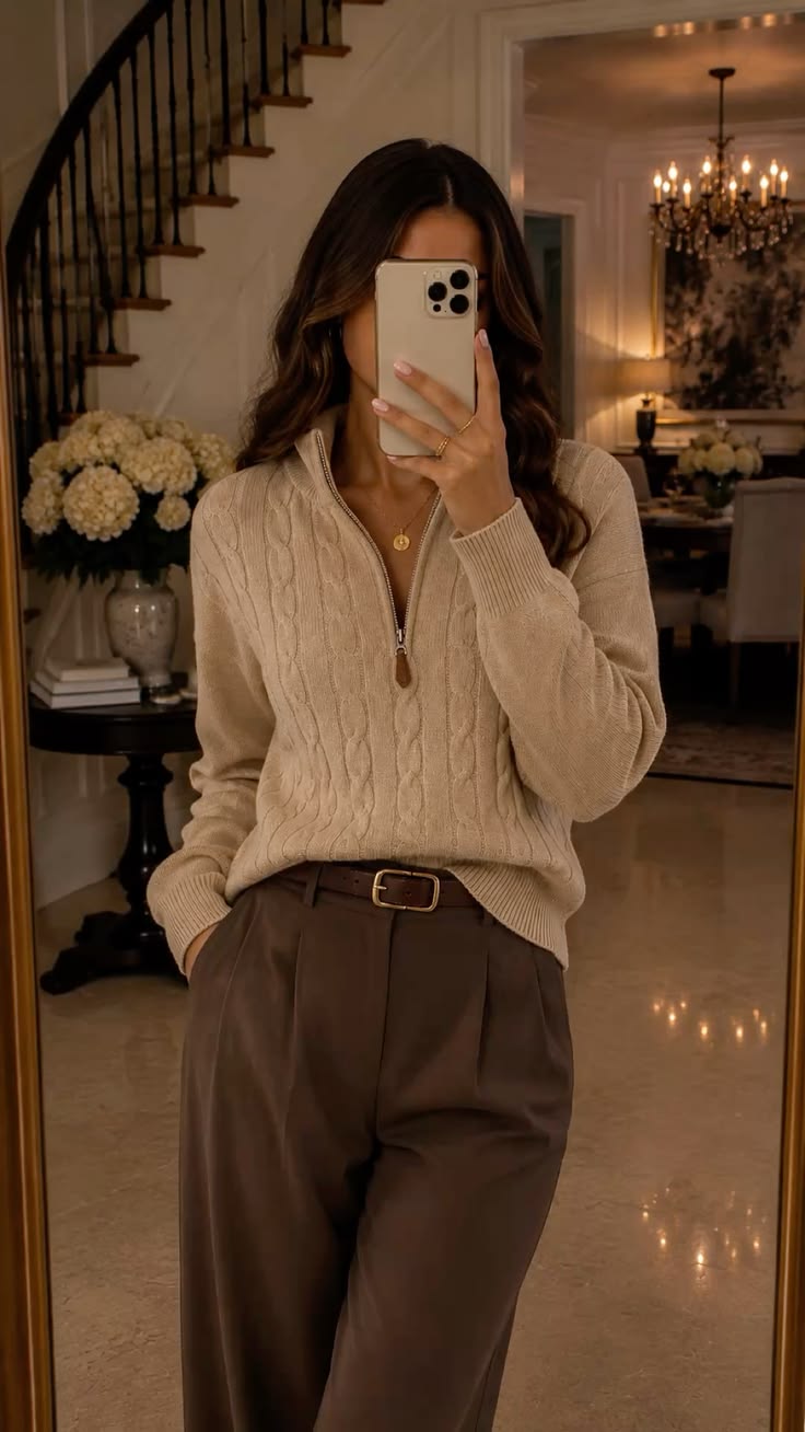 Classy fall outfit featuring a cozy beige cable knit quarter