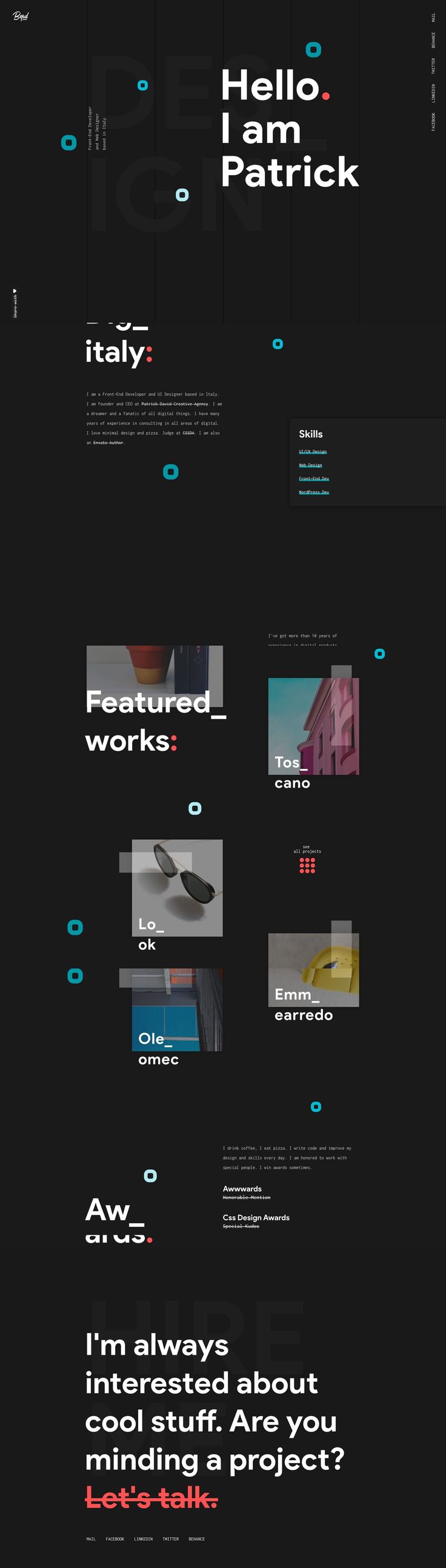 Dark, black aesthetic.  Colorful portfolio showcases my web 