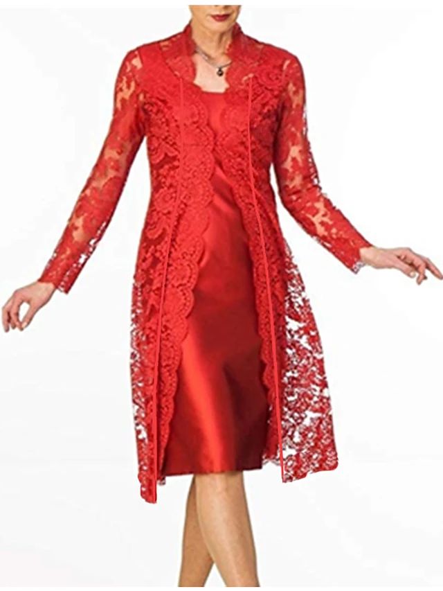 Women's Lace Knee Length Dress Black Blue Red Gray Long Slee