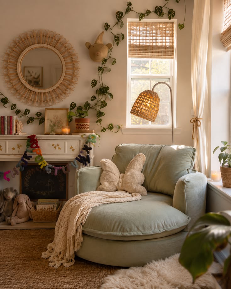 Design a warm and inviting reading corner with a plush loung