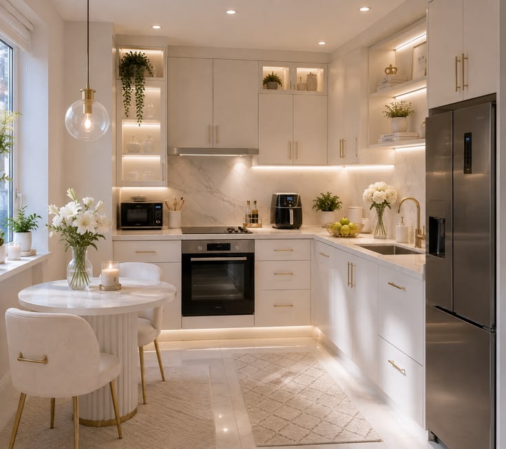 Explore this bright modern kitchen featuring white cabinets,
