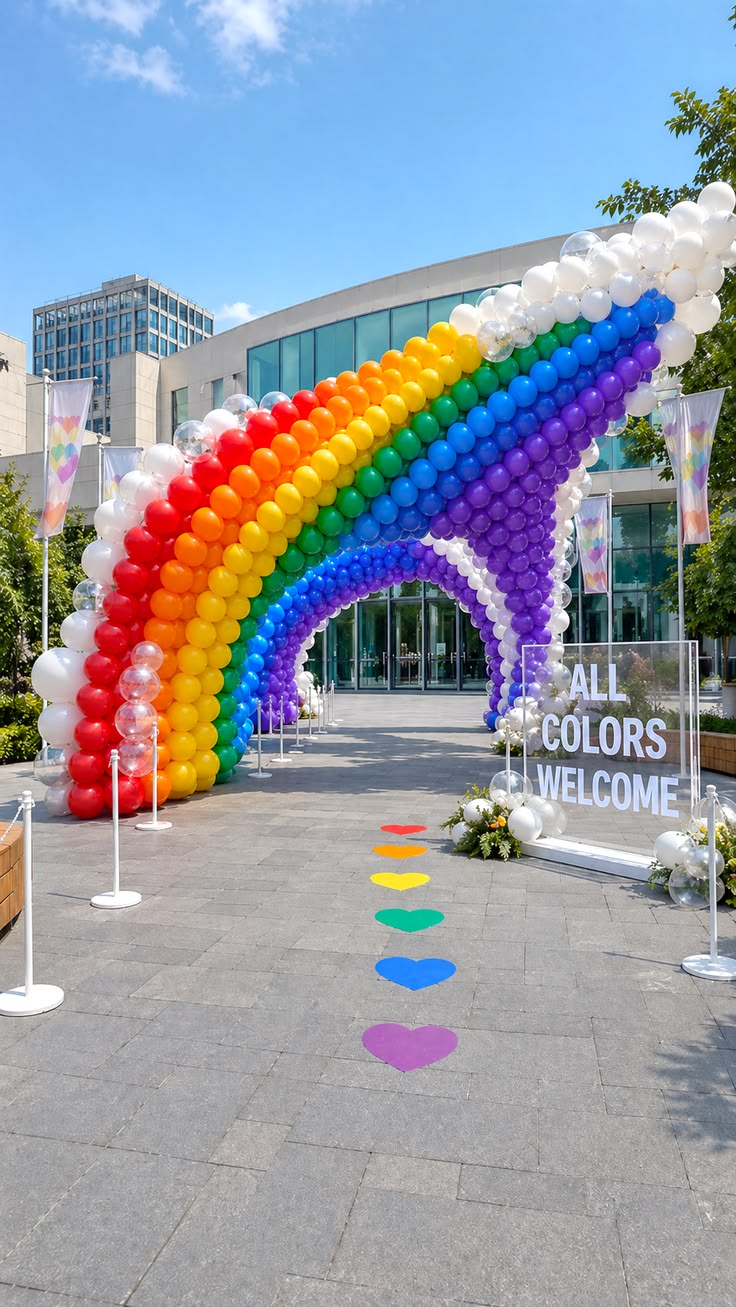 A public Pride party entrance idea featuring a ribbon-like r
