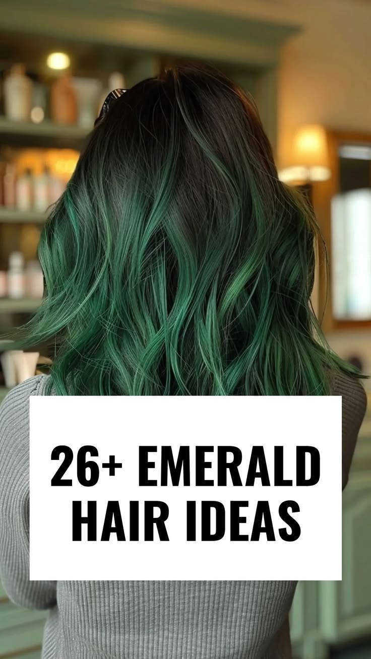 Emerald hair takes the spotlight with a glossy, jewel-toned 