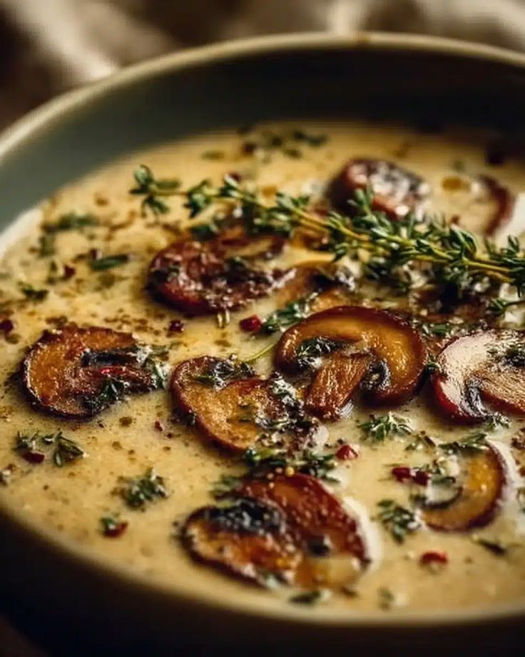 Indulge in this creamy mushroom soup with garlic and thyme, 