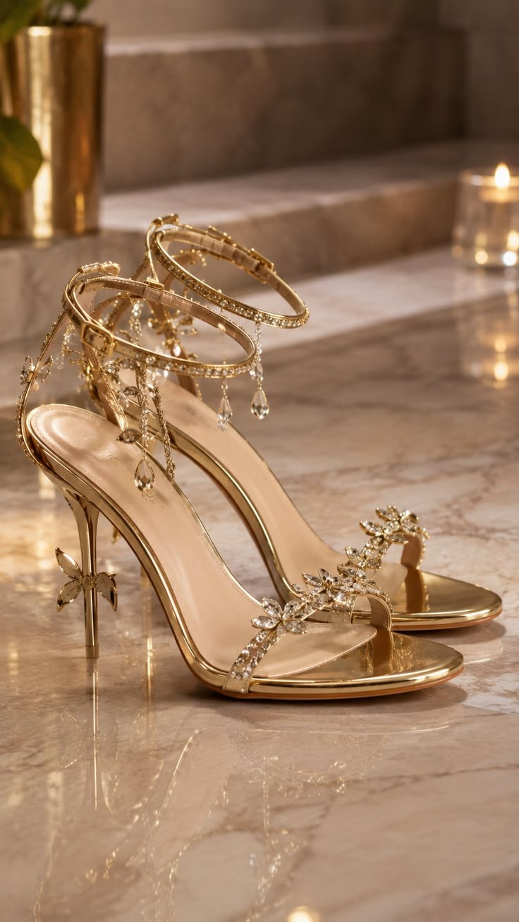 Step into elegance with these gorgeous gold rhinestone heels