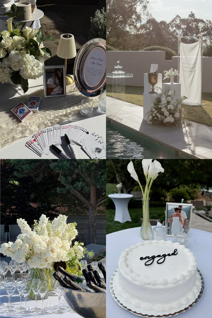Playing card guest book, champagne tower, white peony centre