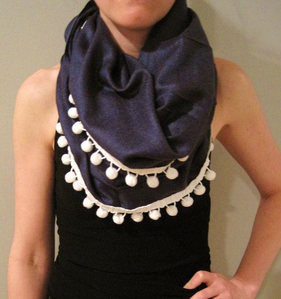 PomPom Infinity Scarf Navy by KatieFobesDesign on Etsy, $30.